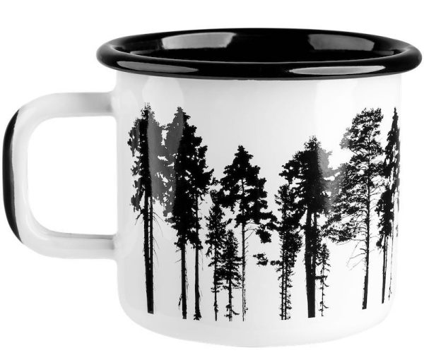 כוס אמייל של MUURLA, נפח 370 מ״ל, לבנה, עם הדפס שחור של יער צפוני